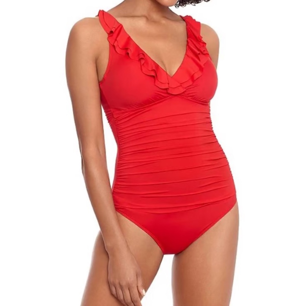 Draper James Ruffle V-Neck Floral One Piece Swimsuit Orange Sz 14 Beach Summer